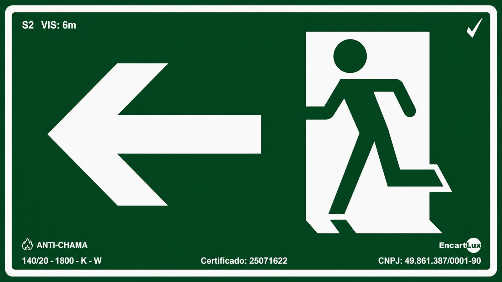 PAF915 S2 Saida De Emergencia A Esquerda - Pvc Rigido 1mm - Fotoluminescente - 24x12cm 